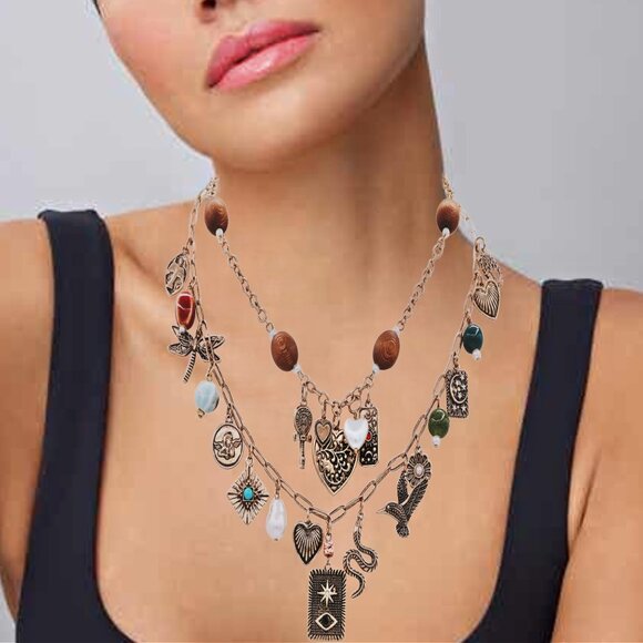 Love Luck + Faith Guardian Angel Heart Evil Eye Wood Beaded Charm Layer Necklace - Picture 2 of 9